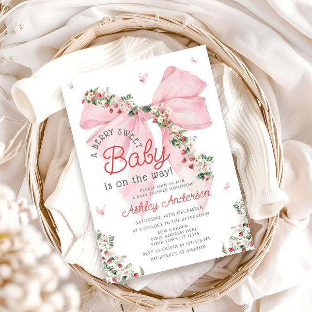 Strawberry Pink Bow Girl Baby Shower Invitation (Creator Uploaded)