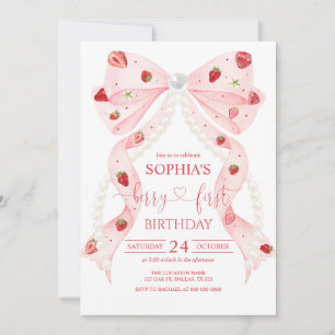 Strawberry Pink Bow Pearl 1st Birthday Invitation