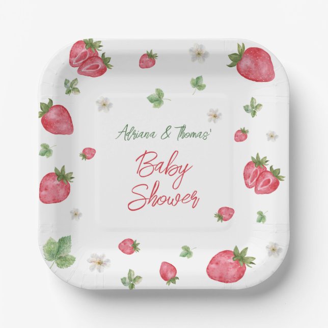 Strawberry Pink Floral Baby Shower  Paper Plate (Front)