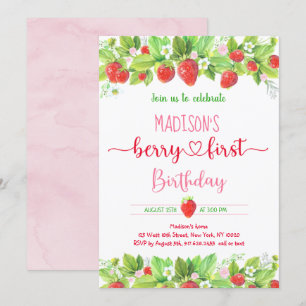 Strawberry Pink Floral Berry First Birthday Invitation