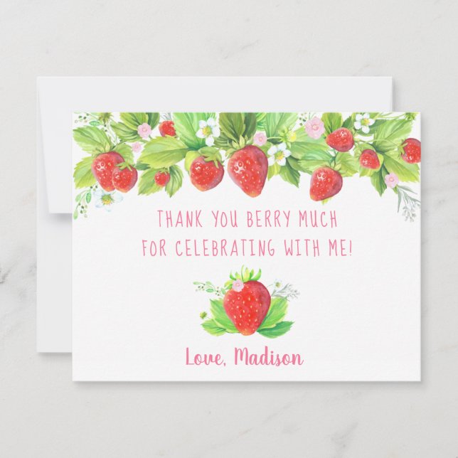 Strawberry Pink Floral Birthday Thank You Card (Front)