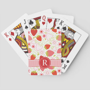 Strawberry PInk Fruit Pattern Monogram Playing Cards