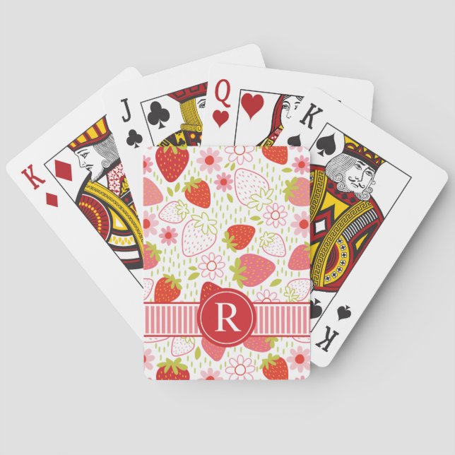 Strawberry PInk Fruit Pattern Monogram Playing Cards (Back)