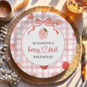 Strawberry Pink Gingham 1st Birthday Paper Plate