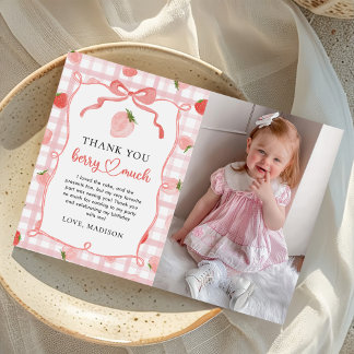 Strawberry Pink Gingham 1st Birthday Photo Thank You Card