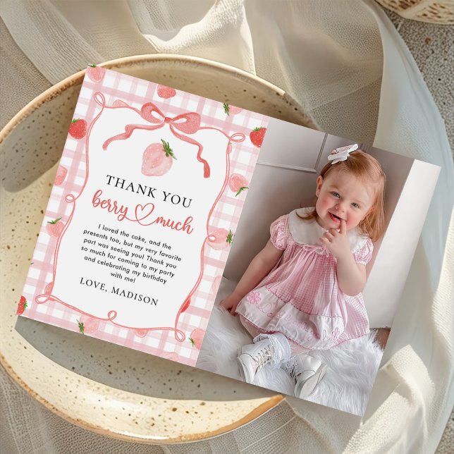 Strawberry Pink Gingham 1st Birthday Photo Thank You Card (Creator Uploaded)