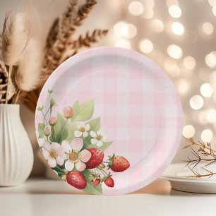 Strawberry pink gingham baby shower paper plate
