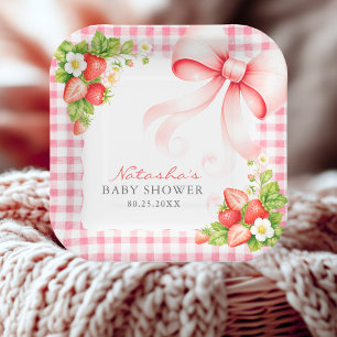 Strawberry Pink Gingham Berry Sweet Baby Shower Paper Plate