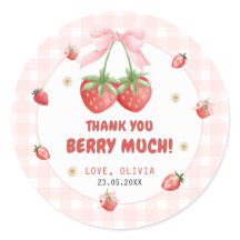 Strawberry Pink Gingham Birthday Thank You Sticker