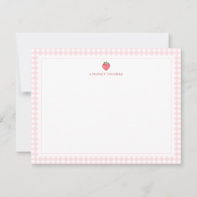 Strawberry Pink Gingham Border Personalised Card (Front)