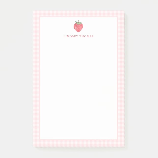 Strawberry Pink Gingham Border Personalized Post-it Notes (Front)