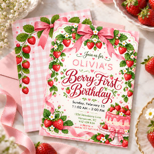 Strawberry Pink Gingham Girl 1st Birthday Party Invitation