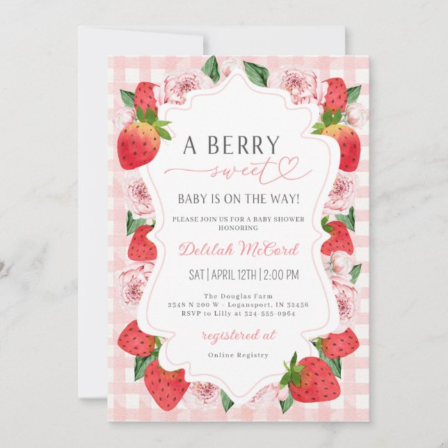 Strawberry Pink Gingham Girl Baby Shower Invite (Front)