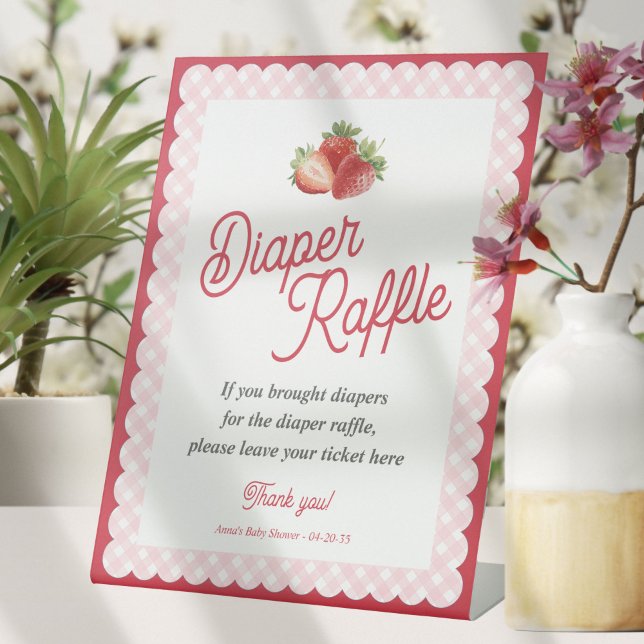 Strawberry Pink Gingham Themed Diaper Raffle Game Pedestal Sign (Strawberry Themed-Berry Sweet Baby Shower Diaper Raffle Sign.)