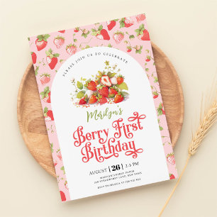 Strawberry Pink Girl Berry First Birthday  Invitation