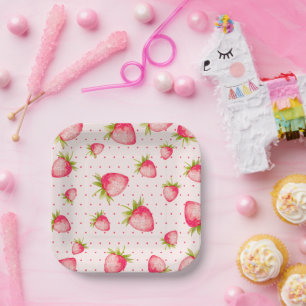 Strawberry Pink Green Party Paper Plate