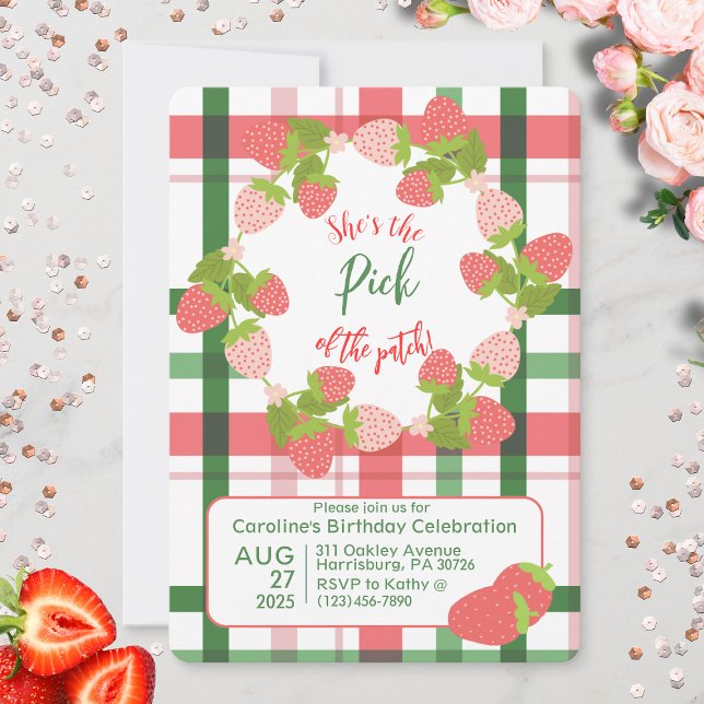 Strawberry Pink Green Plaid Birthday Invitation (Strawberry "Pick of the Patch"  party invitation)
