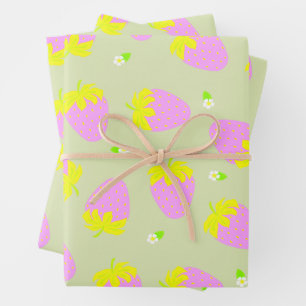 Strawberry Pink Green Wrapping Paper Sheet