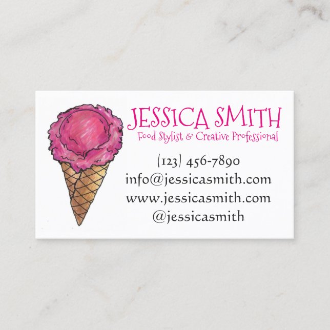 Strawberry Pink Ice Cream Cone Scoop Dessert Food Business Card (Front)