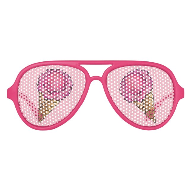 Strawberry Pink Ice Cream Scoop Waffle Cone Foodie Aviator Sunglasses (Front)