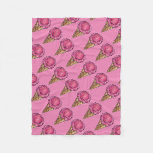 Strawberry Pink Ice Cream Scoop Waffle Cone Foodie Fleece Blanket