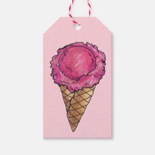 Strawberry Pink Ice Cream Scoop Waffle Cone Foodie Gift Tags