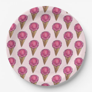 Strawberry Pink Ice Cream Scoop Waffle Cone Foodie Paper Plate