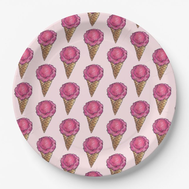 Strawberry Pink Ice Cream Scoop Waffle Cone Foodie Paper Plate (Front)