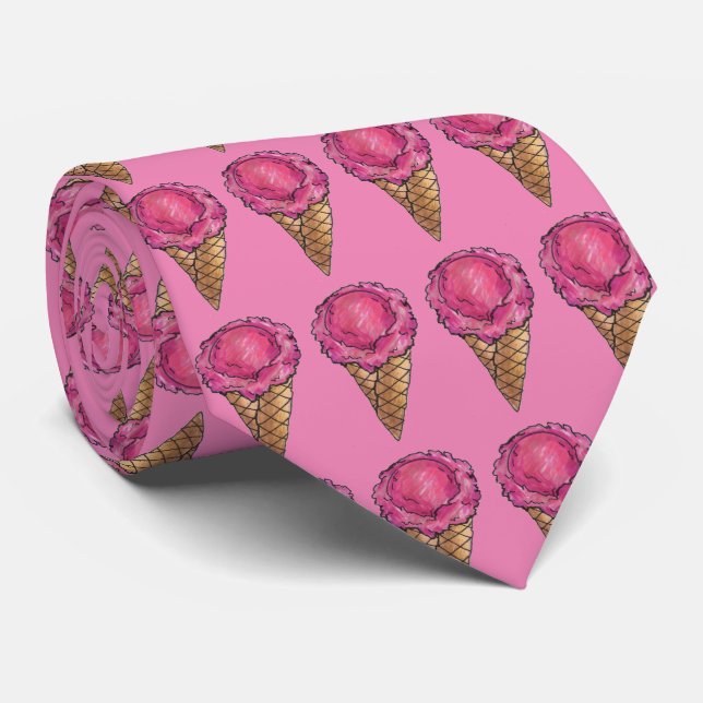 Strawberry Pink Ice Cream Waffle Cone Foodie Tie (Rolled)