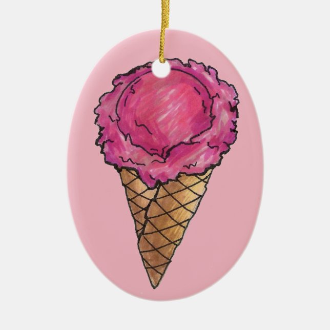 Strawberry Pink Ice Cream Waffle Cone Scoop Ceramic Tree Decoration (Front)