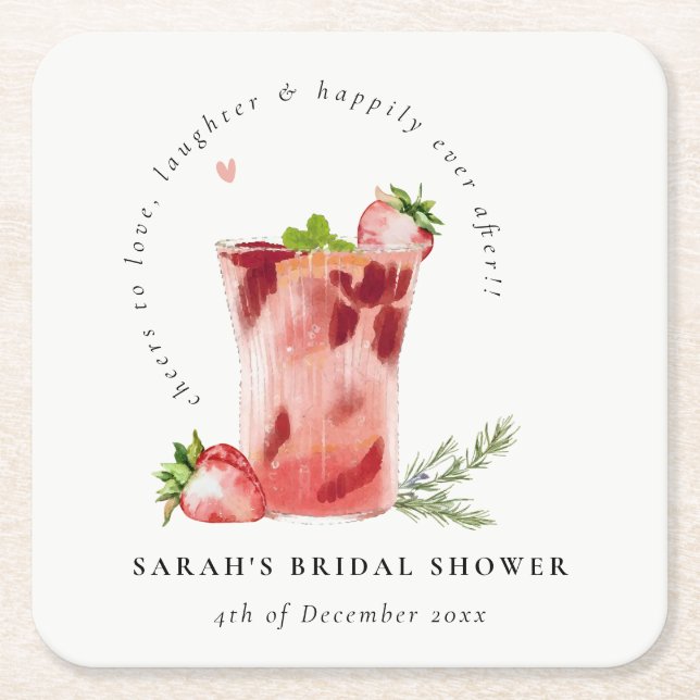 Strawberry Pink Margarita Cocktail Bridal Shower Square Paper Coaster (Front)