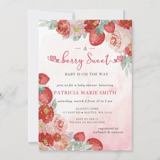 Strawberry Pink Red Berry Sweet Baby Shower Invitation (Front)