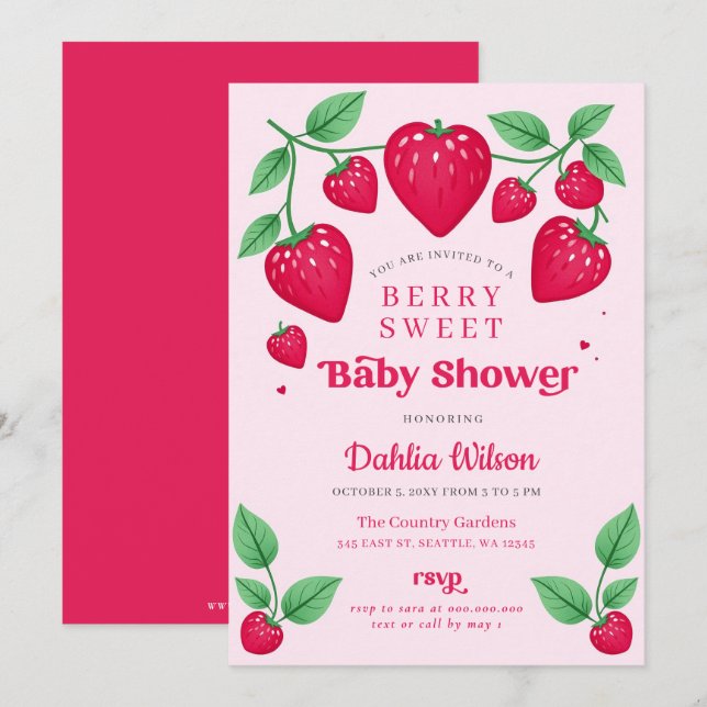 Strawberry Pink Red Berry Sweet Baby Shower Invitation (Front/Back)