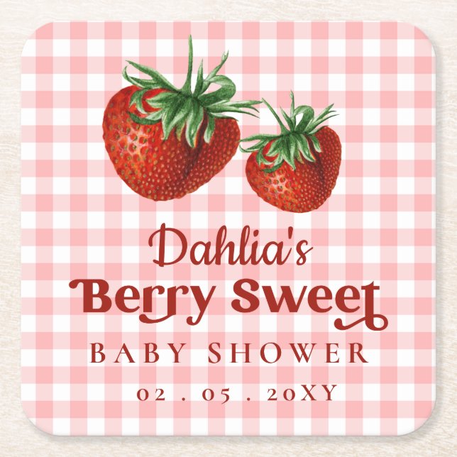 Strawberry Pink Red Berry Sweet Baby Shower Square Paper Coaster (Front)