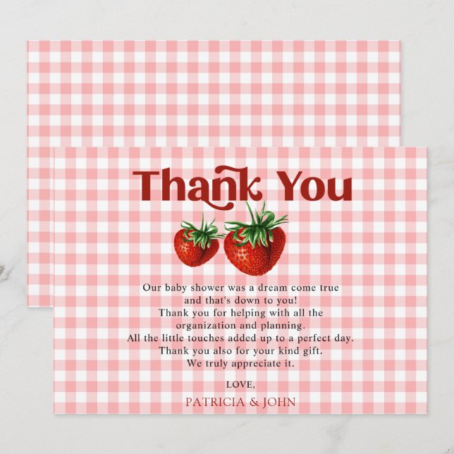 Strawberry Pink Red Berry Sweet Baby Shower Thank You Card (Front/Back)