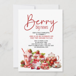 Strawberry Pink Red Berry White 1st Birthday  Invitation
