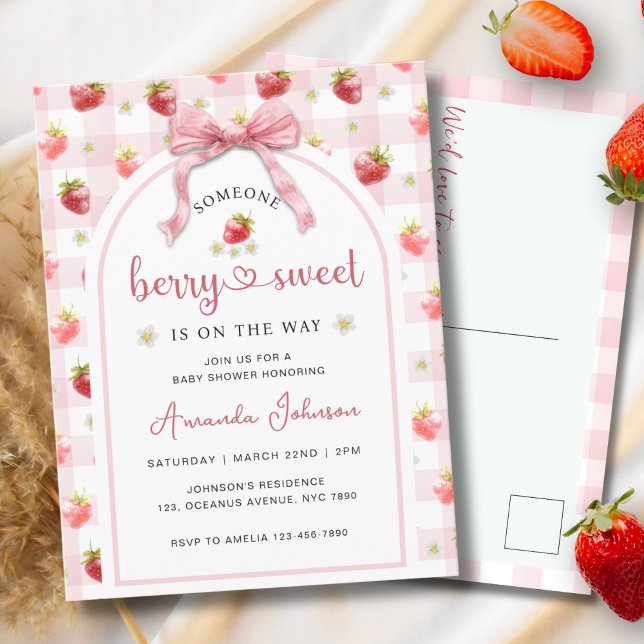 Strawberry Pink Ribbon Berry Sweet Baby Shower Postcard (Creator Uploaded)