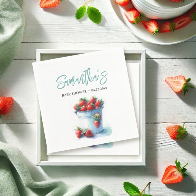 Strawberry Pint Baby Shower Napkin (Strawberry napkins cute farmers market art in watercolor shades of red)