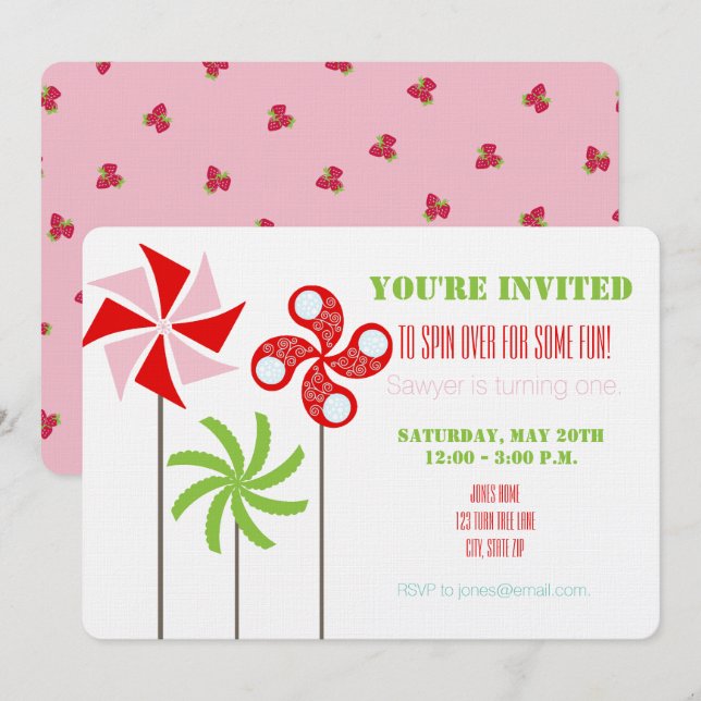Strawberry Pinwheel Themed Birthday - Pink Back  Invitation (Front/Back)