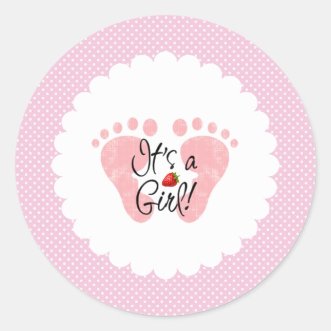 Strawberry Polka Dot It's A Girl Baby Announcement Classic Round Sticker (Front)