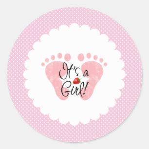 Strawberry Polka Dot It's A Girl Baby Announcement Classic Round Sticker