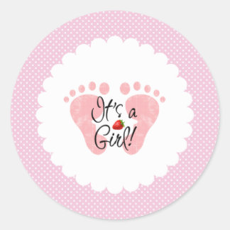Strawberry Polka Dot It's A Girl Baby Announcement Classic Round Sticker