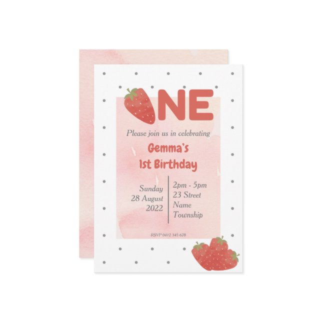 Strawberry Polka Dot ONE Invitation (Front/Back In Situ)