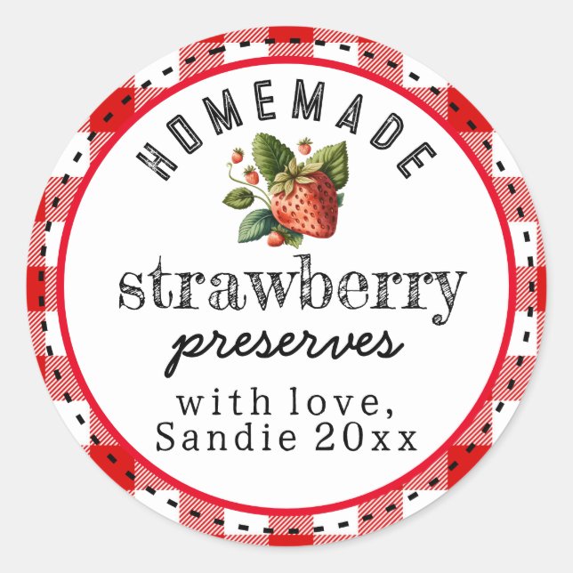 Strawberry Preserves Homemade Red Buffalo Plaid Classic Round Sticker (Front)