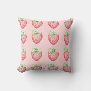 Strawberry Print Green Bow Coquette Kids Girl Room Cushion