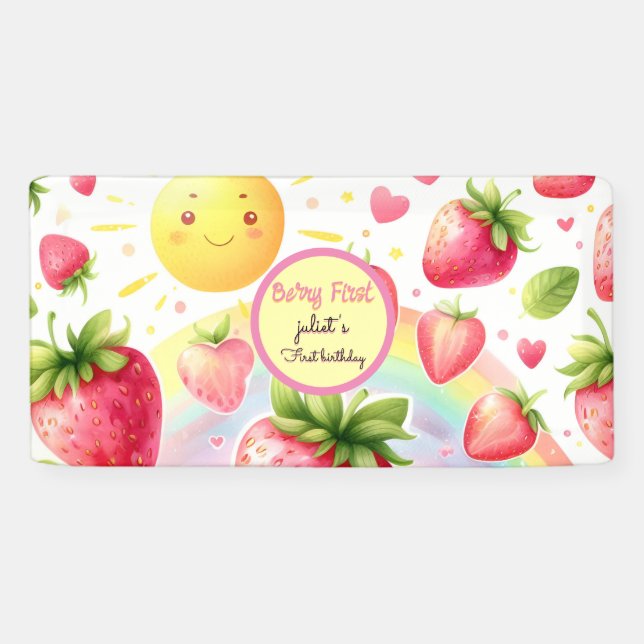 strawberry rainbow berry first 1st birthday banner (Horizontal)