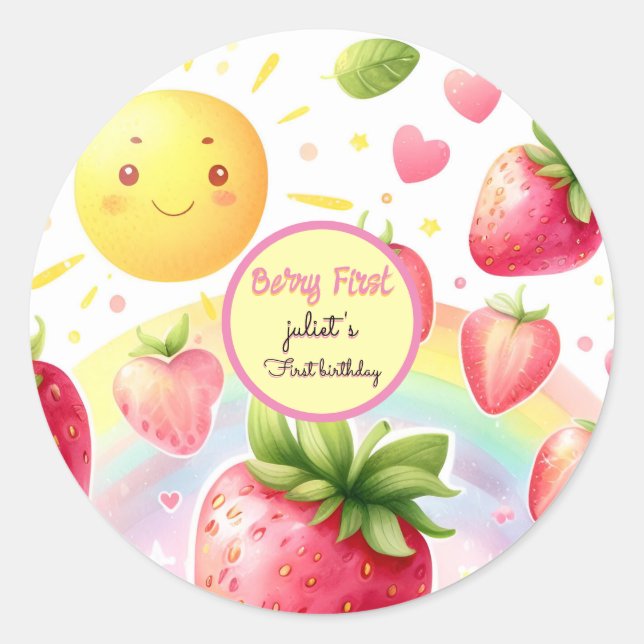strawberry rainbow berry first 1st birthday classic round sticker (Front)