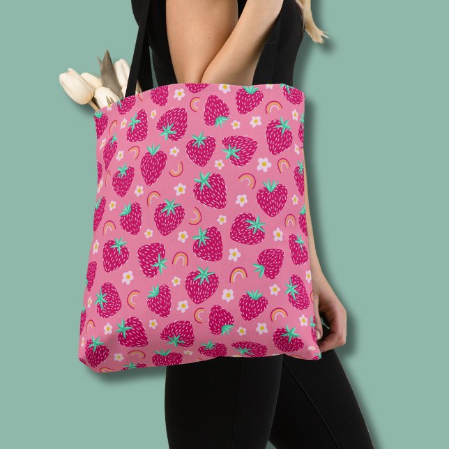 Strawberry Rainbow Daisy pattern Tote Bag (Pink strawberry daisy tote bag)