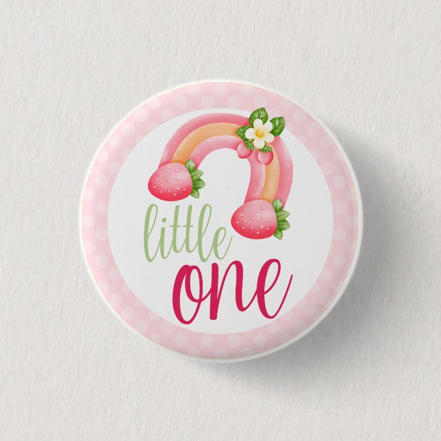 Strawberry Rainbow Gnome Baby Girl's 1st Birthday 3 Cm Round Badge (Front)