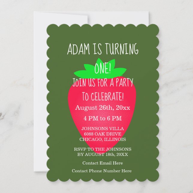 Strawberry Red Green Custom 1st Birthday Party  Invitation (Front)